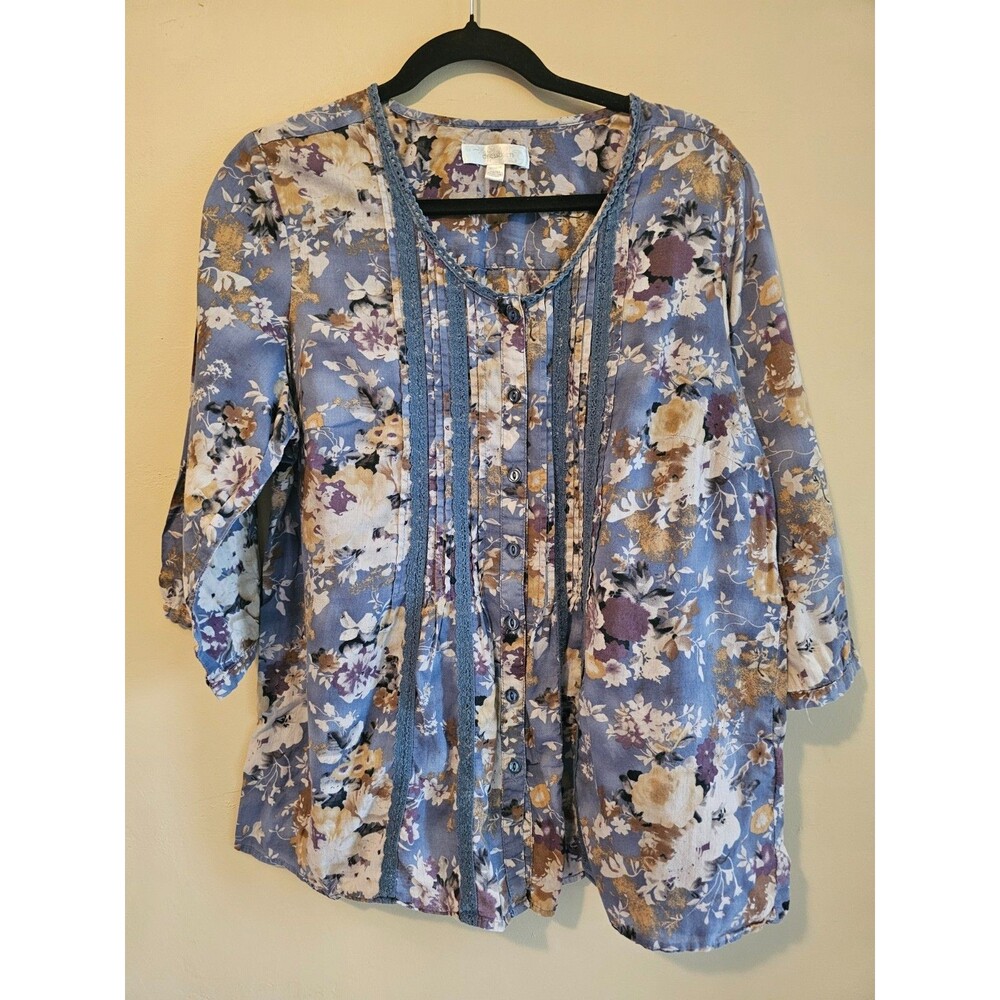 Dress Barn blue, brown, cream Bohemian Boho Floral Top V-neck Tie Top Sz 14-16 - Picture 1 of 5